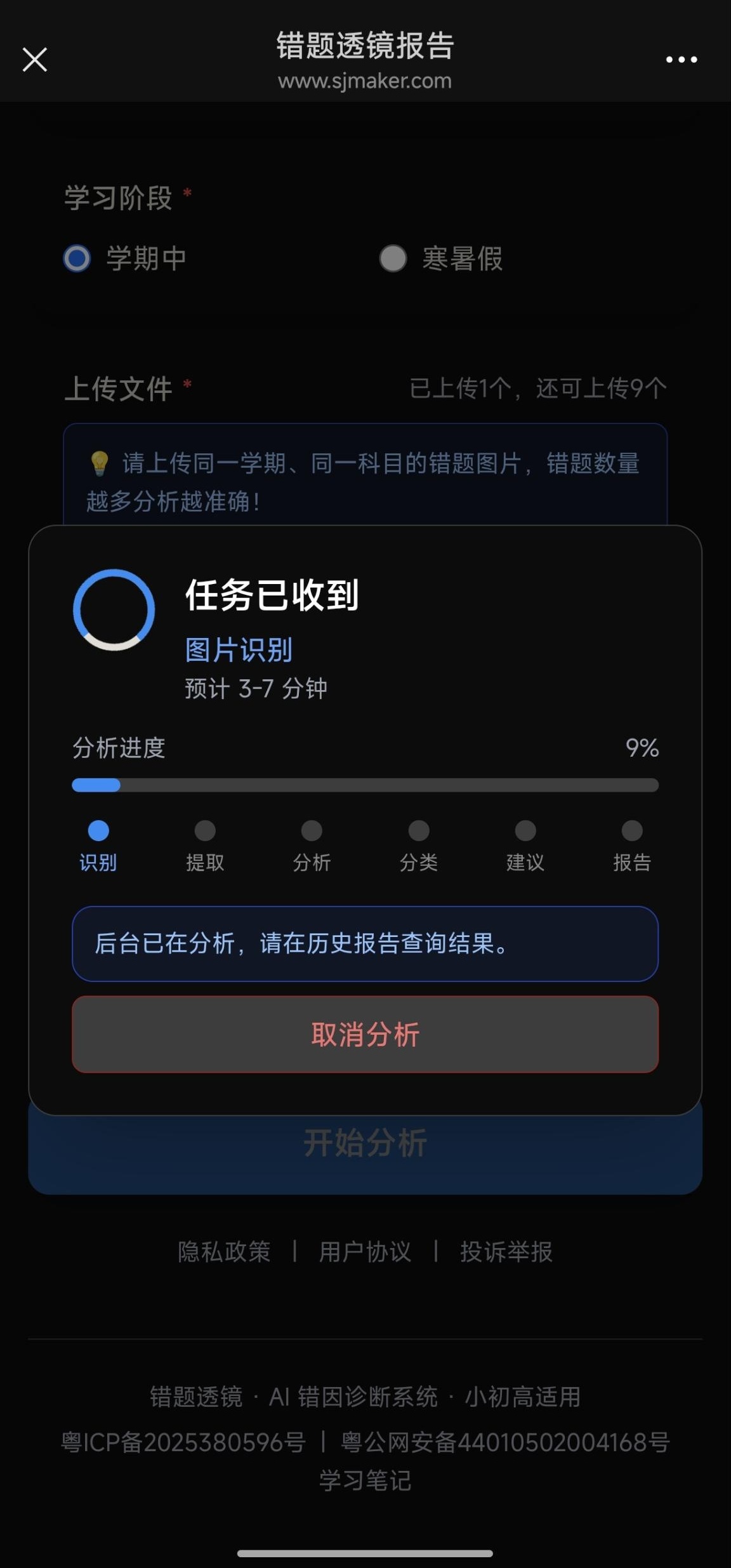 开始分析后的进度弹窗,实时显示处理进度